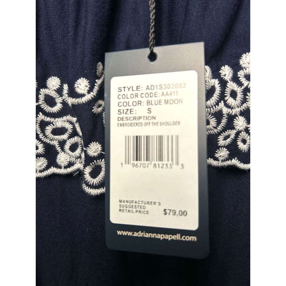 NWT Adrianna Papell navy blue embroidered boho off-shoulder top Small - Thumbnail 5