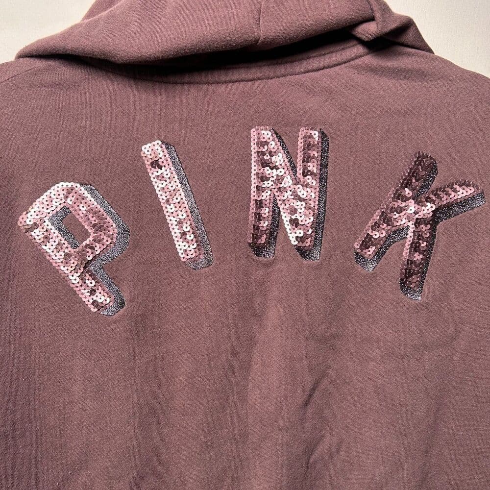 Victoria's Secret PINK small cropped full-zip mauve hoodie cactus patch sequins - Thumbnail 3