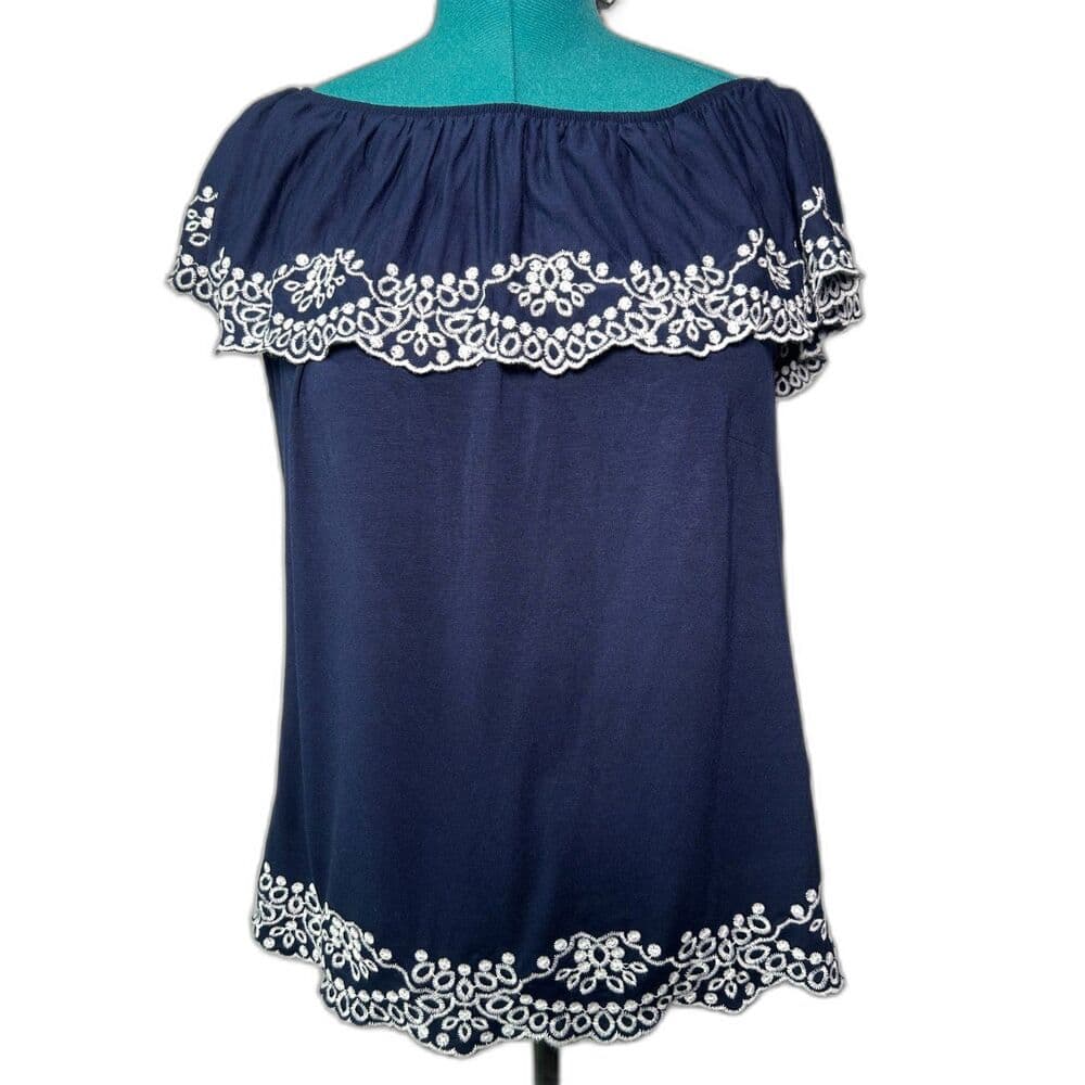 NWT Adrianna Papell navy blue embroidered boho off-shoulder top Small - Thumbnail 11