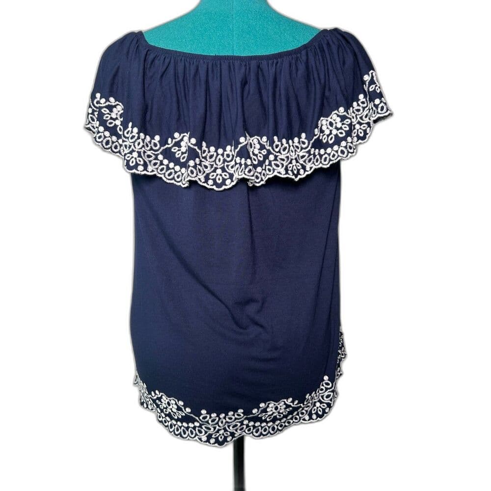 NWT Adrianna Papell navy blue embroidered boho off-shoulder top Small - Thumbnail 2