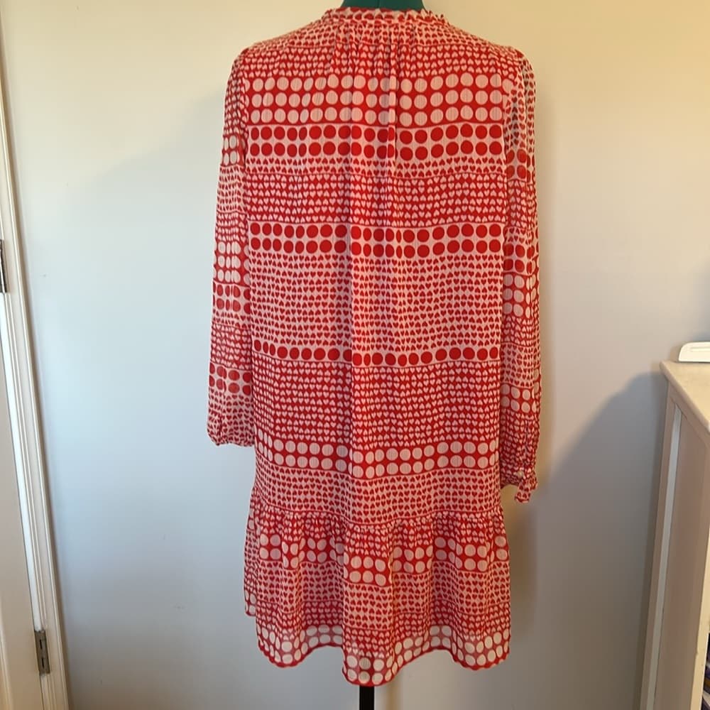 Ann Taylor Loft Red & White Romantic Heart Tie-Neck Dress Size L - Thumbnail 3