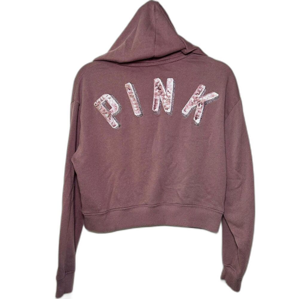 Victoria's Secret PINK small cropped full-zip mauve hoodie cactus patch sequins