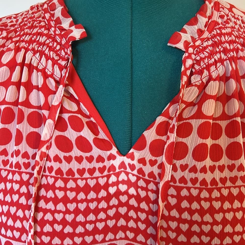 Ann Taylor Loft Red & White Romantic Heart Tie-Neck Dress Size L - Thumbnail 4