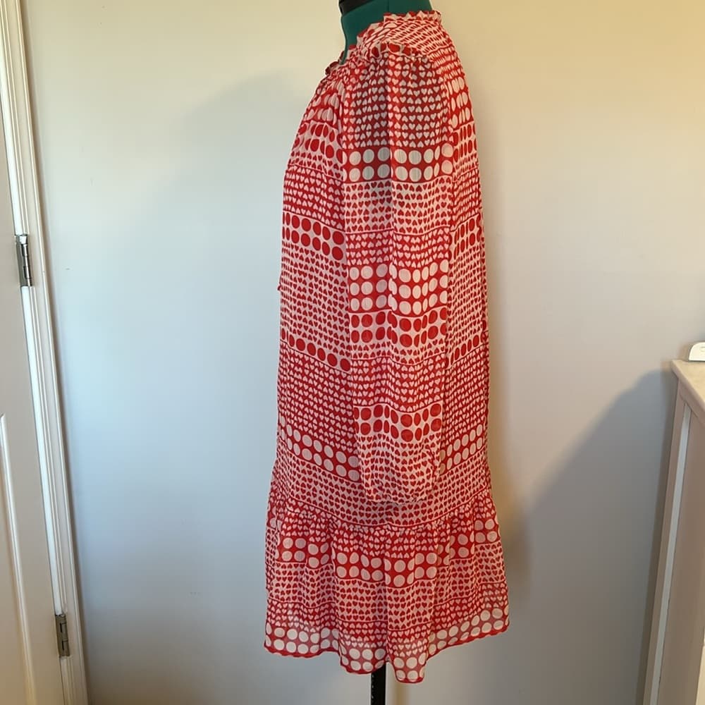 Ann Taylor Loft Red & White Romantic Heart Tie-Neck Dress Size L - Thumbnail 2
