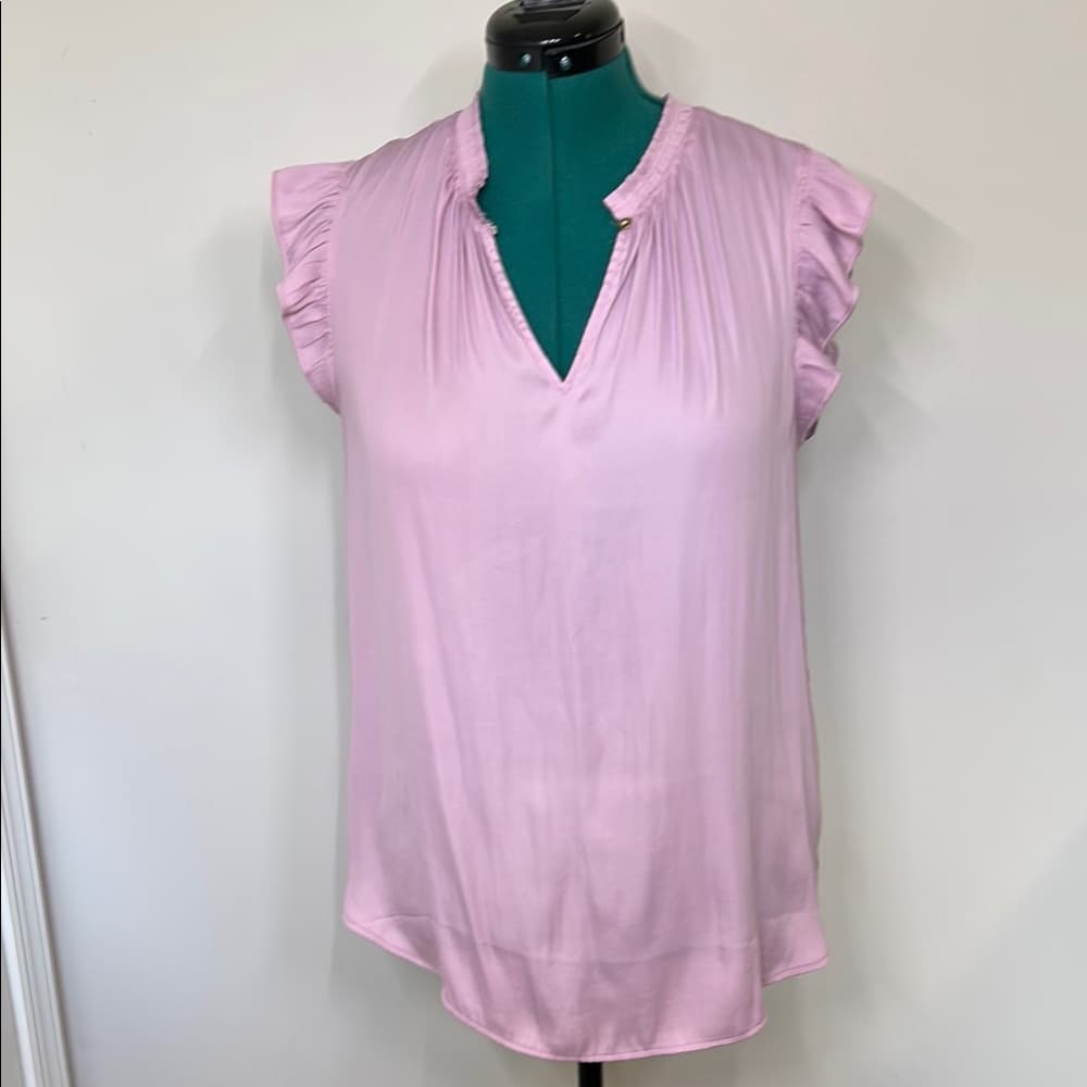 Ann Taylor Loft Pink Ruffled Sleeve Split Neck Women's Top Size Large - Thumbnail 7