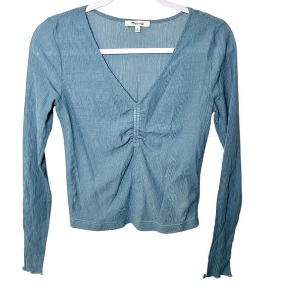 Madewell Semisheer Shirred V-Neck 100% Cotton Top Tranquil Lake Blue Size S - Thumbnail 9