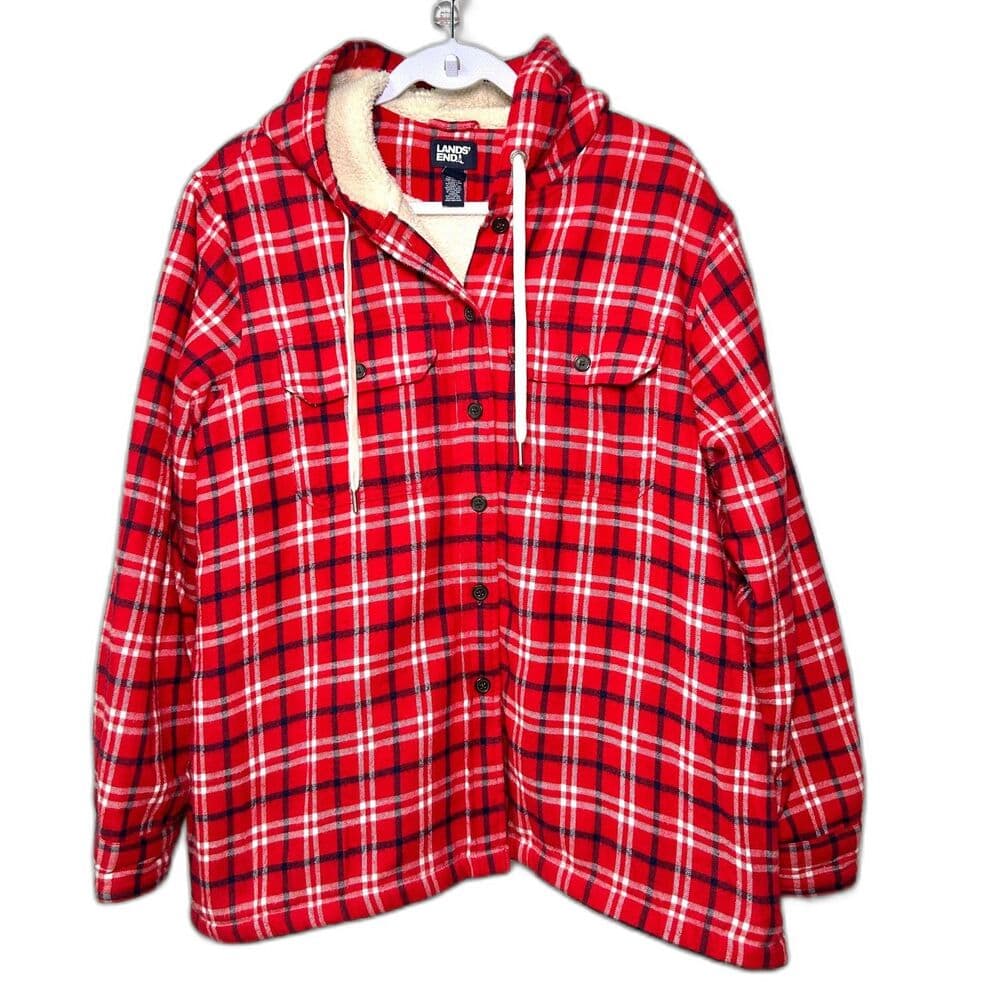 Lands' End Sherpa-Lined Hooded Flannel Shirt Jacket Large - Thumbnail 9