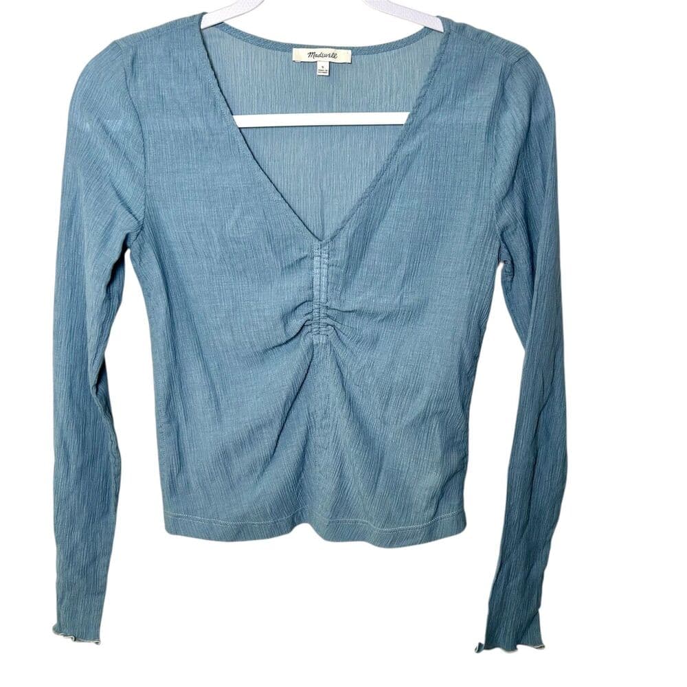 Madewell Semisheer Shirred V-Neck 100% Cotton Top Tranquil Lake Blue Size S - Thumbnail 8