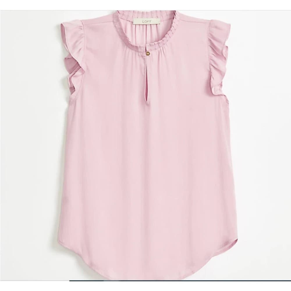 Ann Taylor Loft Pink Ruffled Sleeve Split Neck Women's Top Size Large - Thumbnail 5
