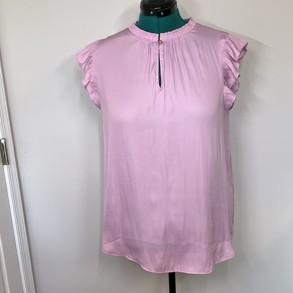 Ann Taylor Loft Pink Ruffled Sleeve Split Neck Women's Top Size Large - Thumbnail 3