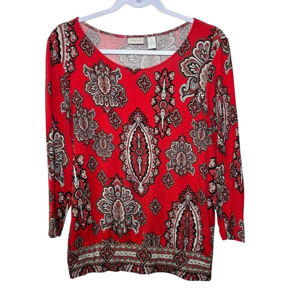 Chico's red/pink paisley-print 3/4-sleeve top size 1 - Thumbnail 8