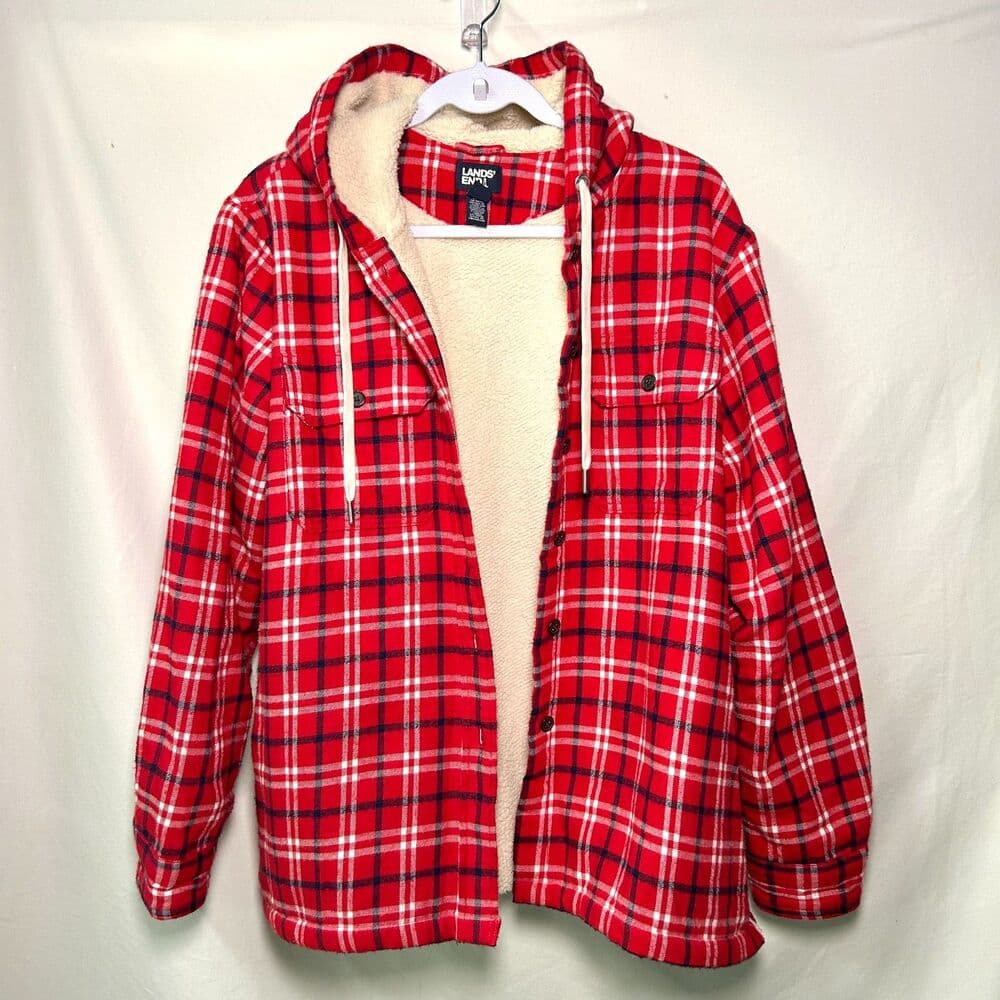 Lands' End Sherpa-Lined Hooded Flannel Shirt Jacket Large - Thumbnail 2