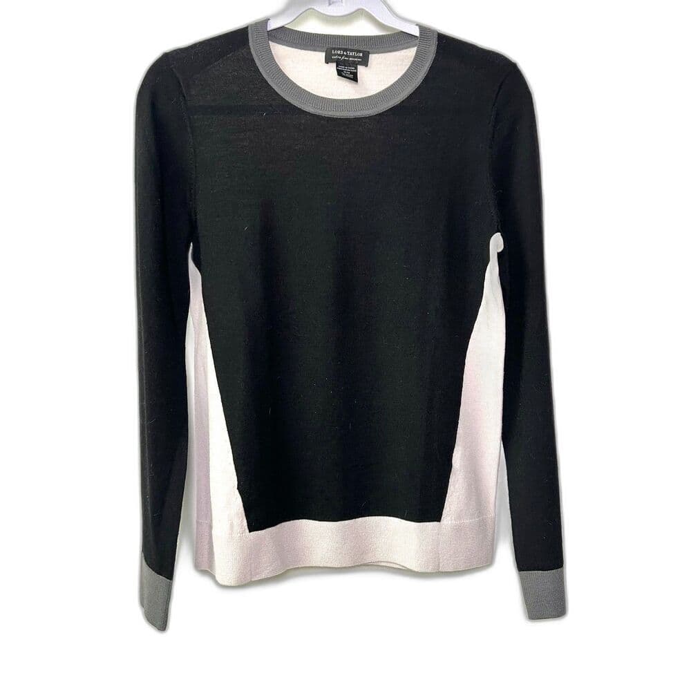 Lord & Taylor 100% Merino Wool Black White Colorblock Sweater Medium - Thumbnail 10