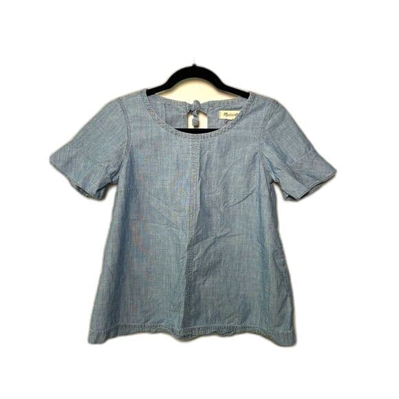 Madewell blue chambray short sleeve top with a back tie detail XS - Thumbnail 8