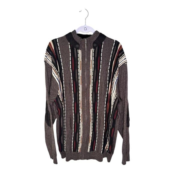 Montique Vintage 90s Full Zip Eclect Grandpa Cardigan brown and tan Academia 3XL - Thumbnail 12
