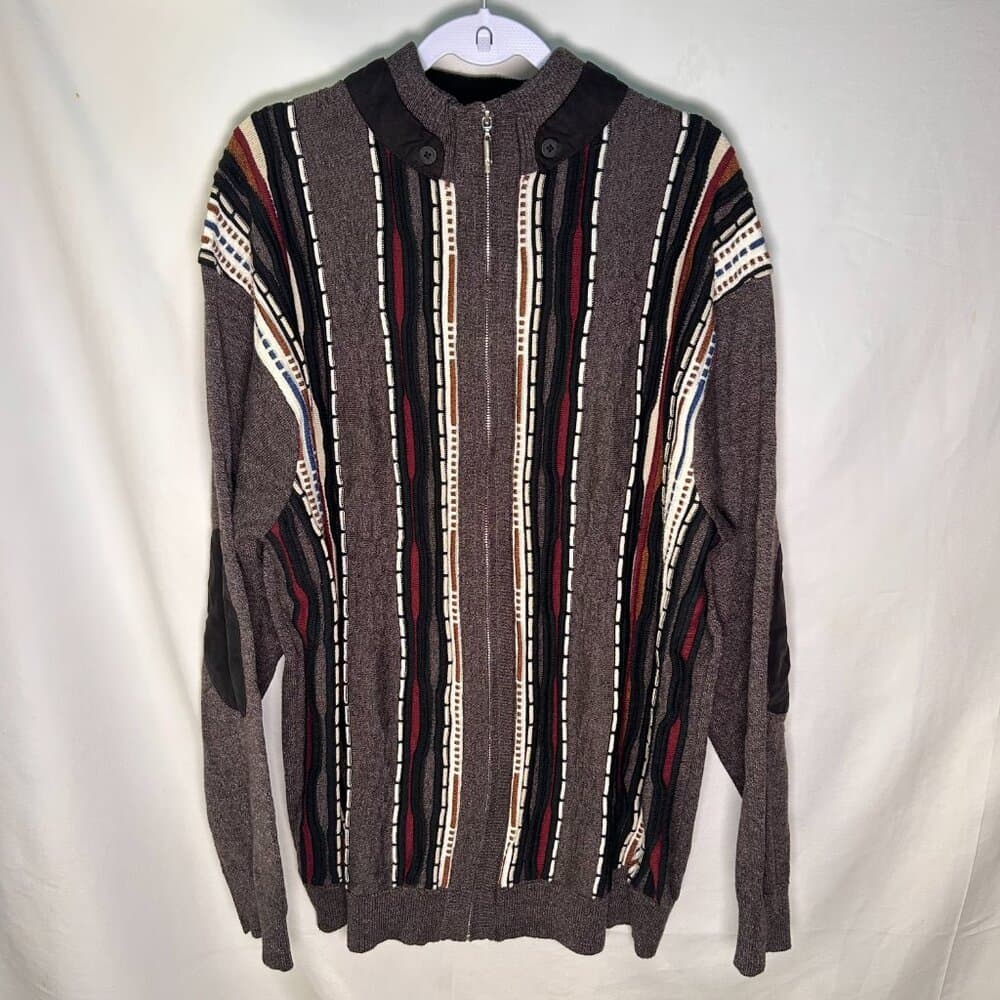 Montique Vintage 90s Full Zip Eclect Grandpa Cardigan brown and tan Academia 3XL - Thumbnail 9