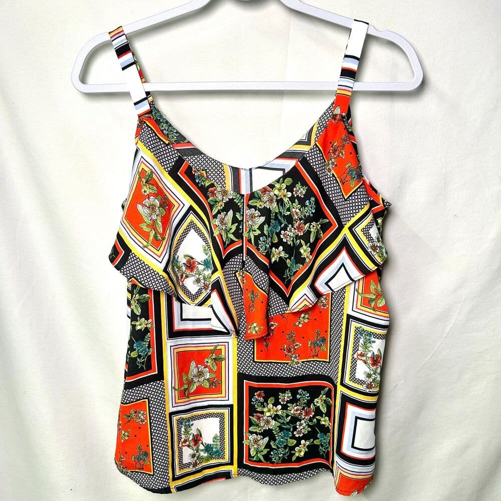 New York & Co bold scarf-print cold-shoulder tomato girl top Medium - Thumbnail 4