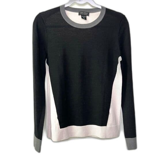 Lord & Taylor 100% Merino Wool Black White Colorblock Sweater Medium - Thumbnail 11