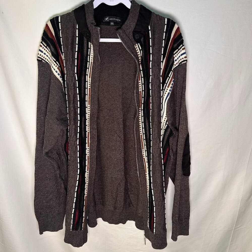 Montique Vintage 90s Full Zip Eclect Grandpa Cardigan brown and tan Academia 3XL - Thumbnail 6