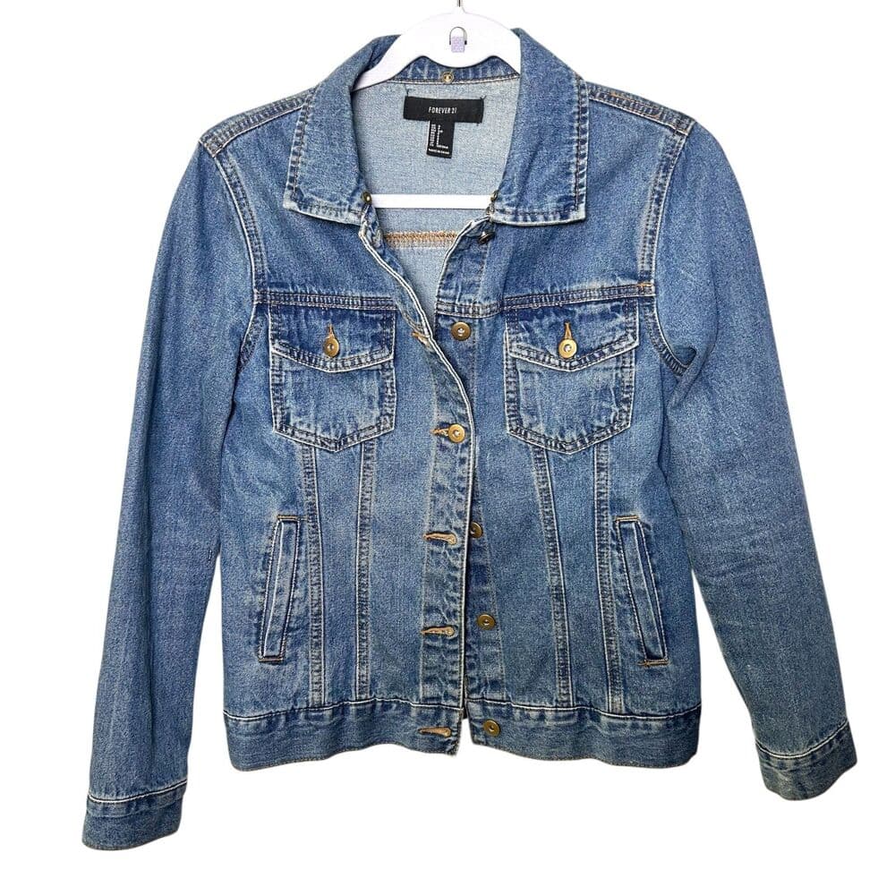 Forever 21 stone wash denim trucker jacket 100% cotton 90s Y2K Size S - Thumbnail 6
