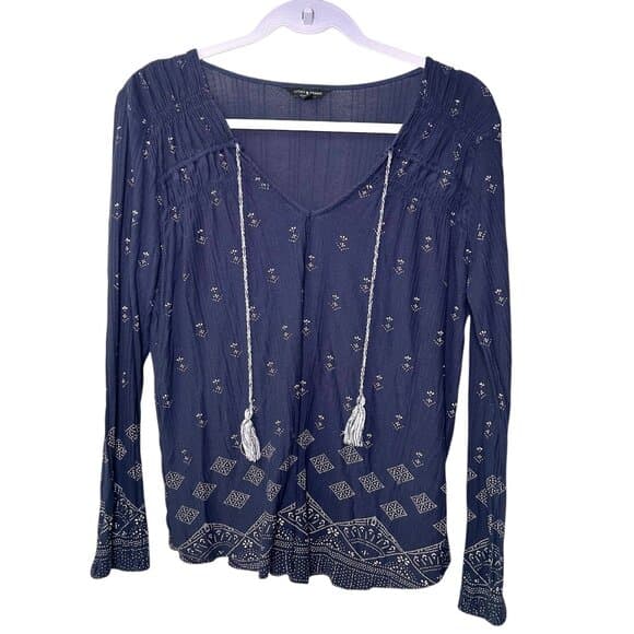 Lucky Brand navy blue peasant blouse with a diamond print and tassel ties Size L - Thumbnail 8
