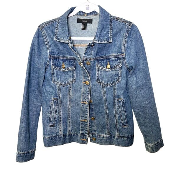 Forever 21 stone wash denim trucker jacket 100% cotton 90s Y2K Size S - Thumbnail 7