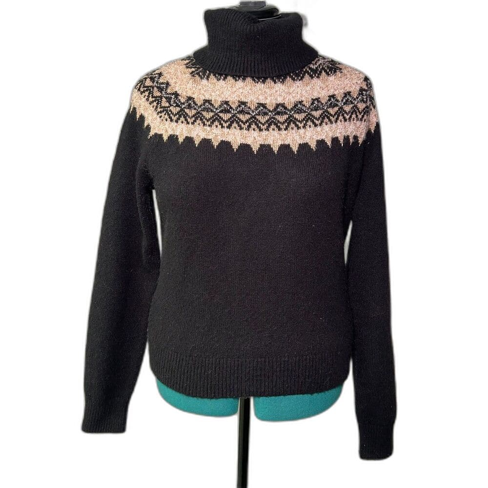 Ann Taylor Fair Isle turtleneck sweater black and metallic gold Medium - Thumbnail 4