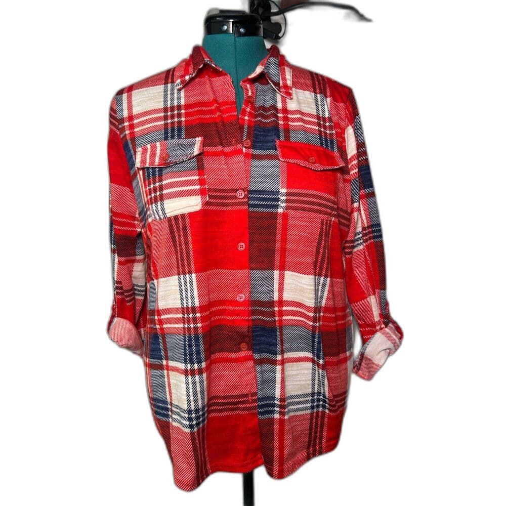 New York Laundry red, white, and blue plaid flannel button-down shirt Large - Thumbnail 4