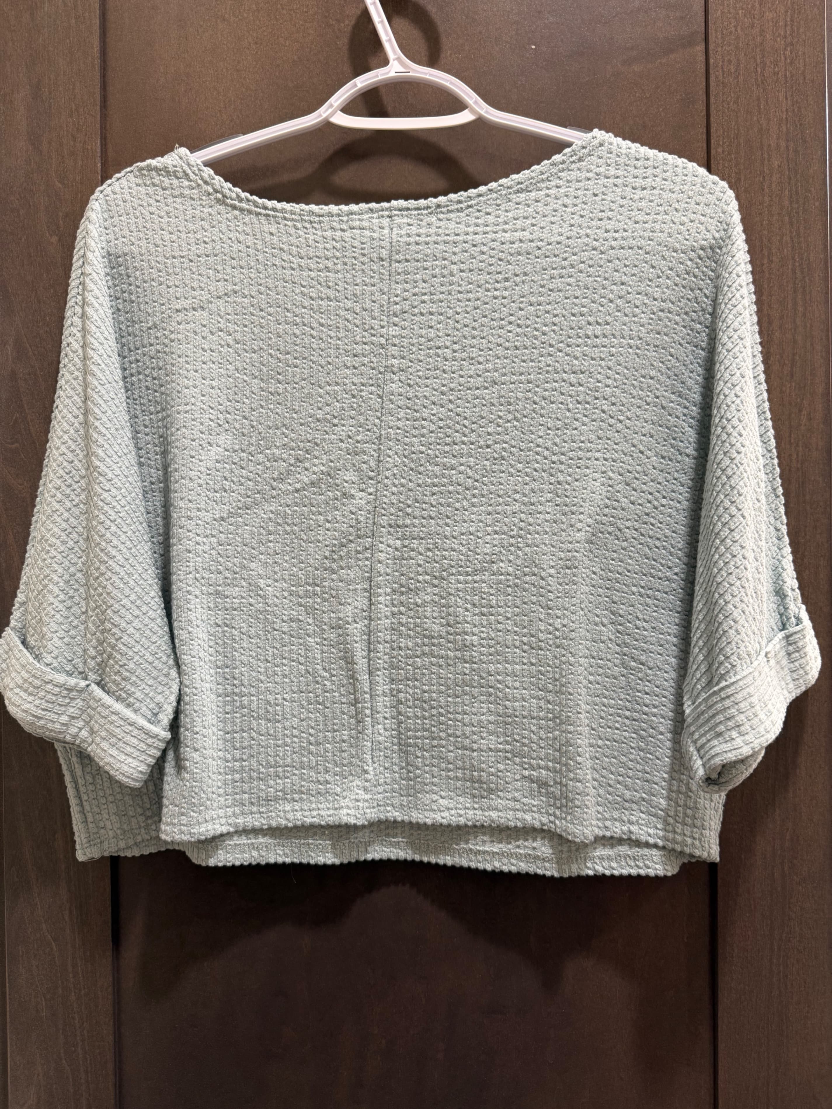 Caution to the Winds Waffle Knit Cropped Shirt with Rolled Sleeves Light Green - Thumbnail 2