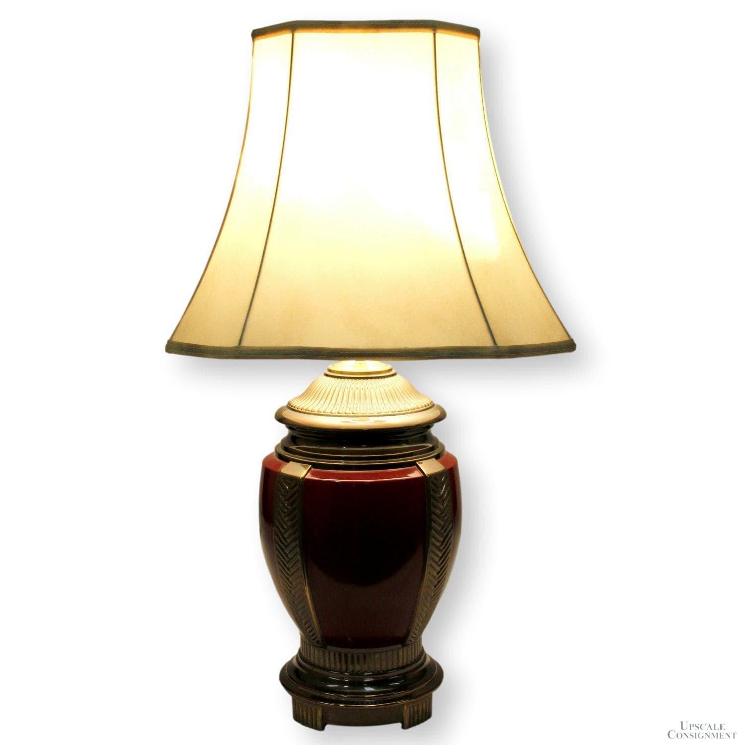 Brass & Burgundy Table Lamp w/Leather Shade - Thumbnail 2