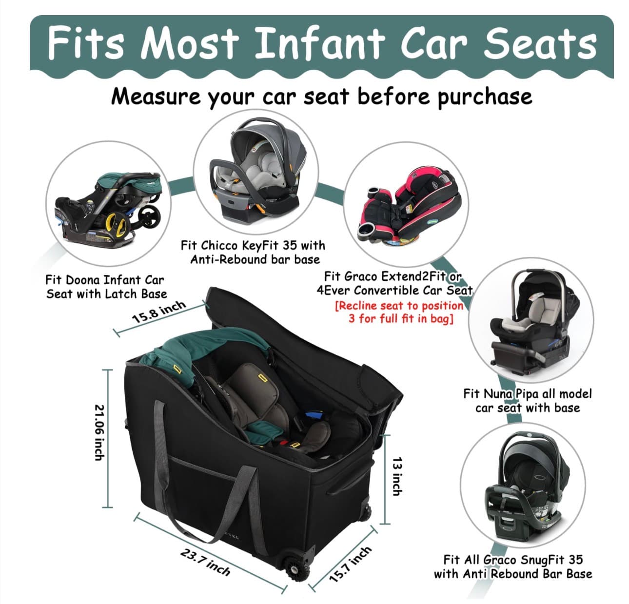 SCTEL Infant Car Seat Travel Bag Fit Doona Car Seat Stroller and Base, Chicco Keyfit 35 and Base, Doona Travel Bag with Wheels, Padded Car Seat Bags for Air Travel, Nuna Travel Bag with Zipper Pocket - Thumbnail 2
