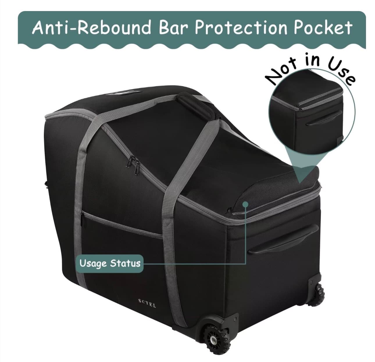 SCTEL Infant Car Seat Travel Bag Fit Doona Car Seat Stroller and Base, Chicco Keyfit 35 and Base, Doona Travel Bag with Wheels, Padded Car Seat Bags for Air Travel, Nuna Travel Bag with Zipper Pocket - Thumbnail 4