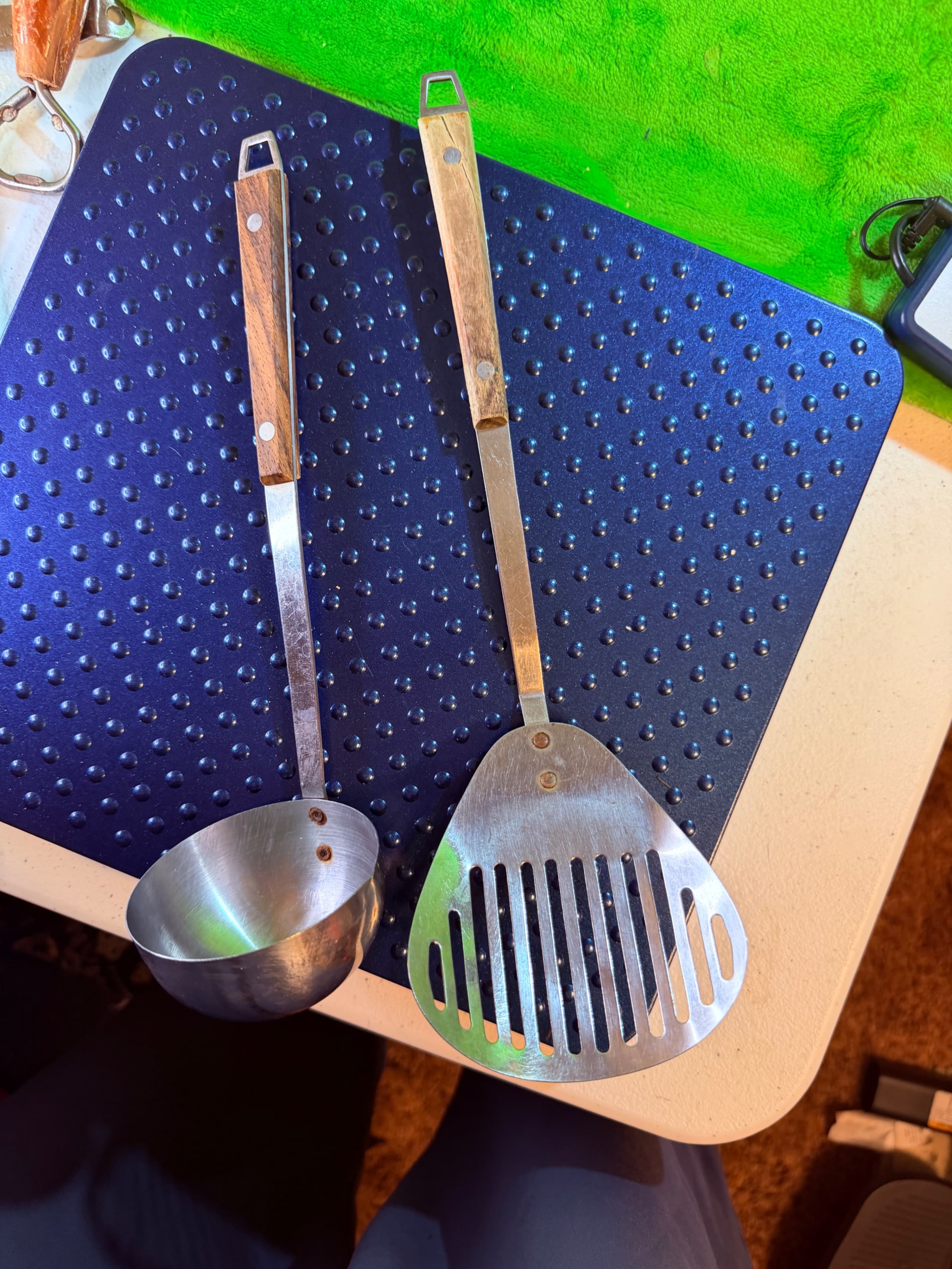Vtg Stainless Steel Japan Wood Handle Ladle & Slotted Spatula Set 2pc