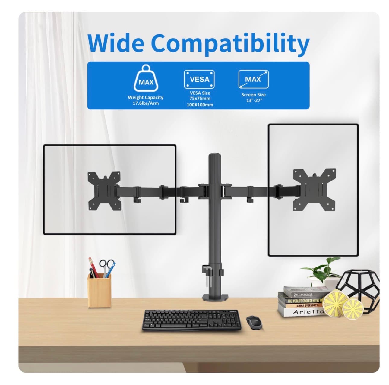 Dual Monitor Mount, Monitor Arm with Swivel, Tilt, Rotation, Height Adjustable, VESA Mount for 17-27” Monitors up to 17.6lbs, Desk Mount with C-Clamp, Black - Thumbnail 2