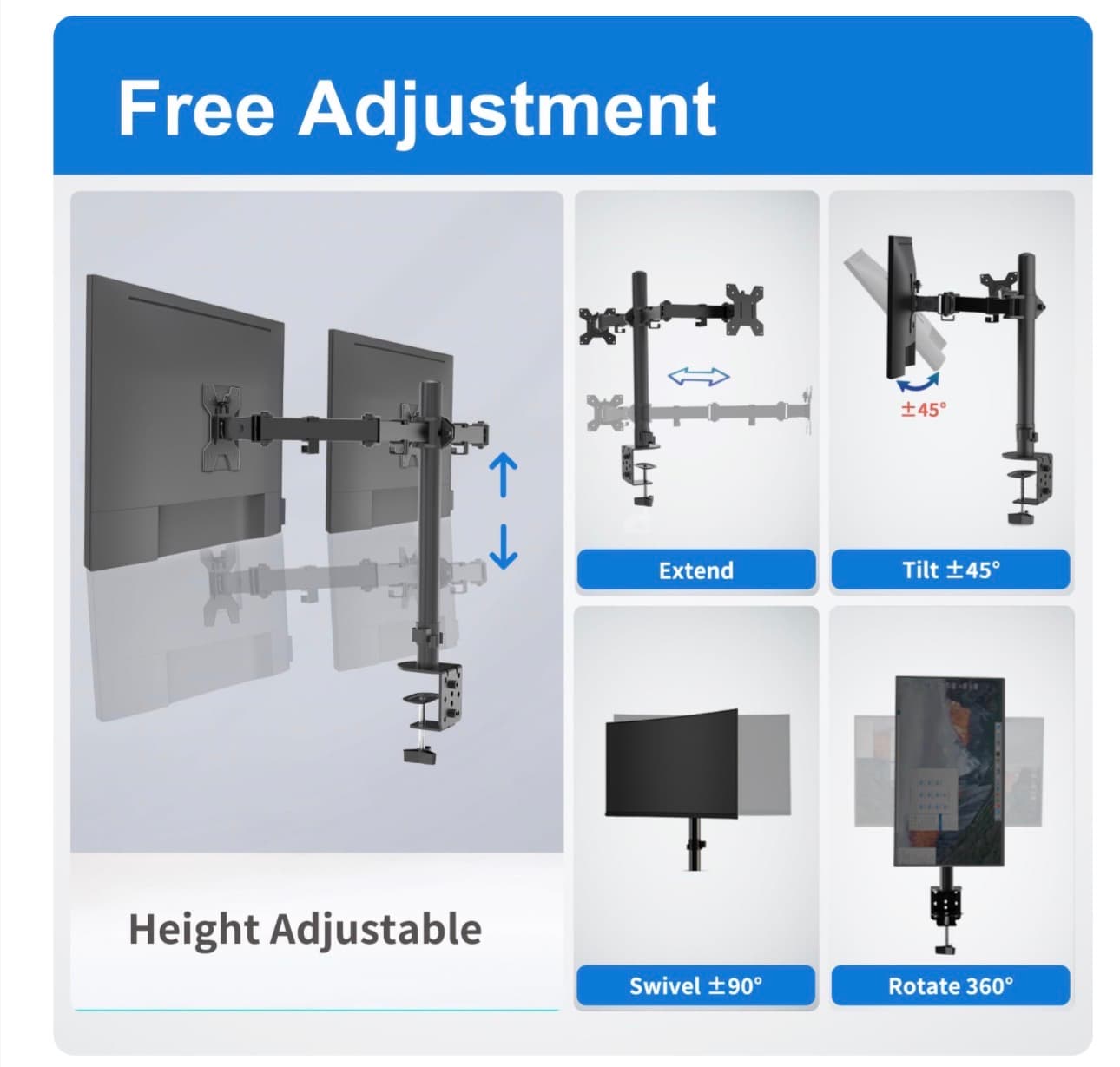 Dual Monitor Mount, Monitor Arm with Swivel, Tilt, Rotation, Height Adjustable, VESA Mount for 17-27” Monitors up to 17.6lbs, Desk Mount with C-Clamp, Black - Thumbnail 3