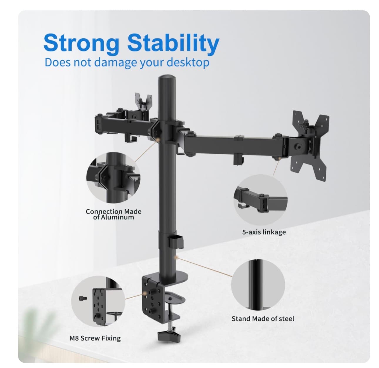 Dual Monitor Mount, Monitor Arm with Swivel, Tilt, Rotation, Height Adjustable, VESA Mount for 17-27” Monitors up to 17.6lbs, Desk Mount with C-Clamp, Black - Thumbnail 5