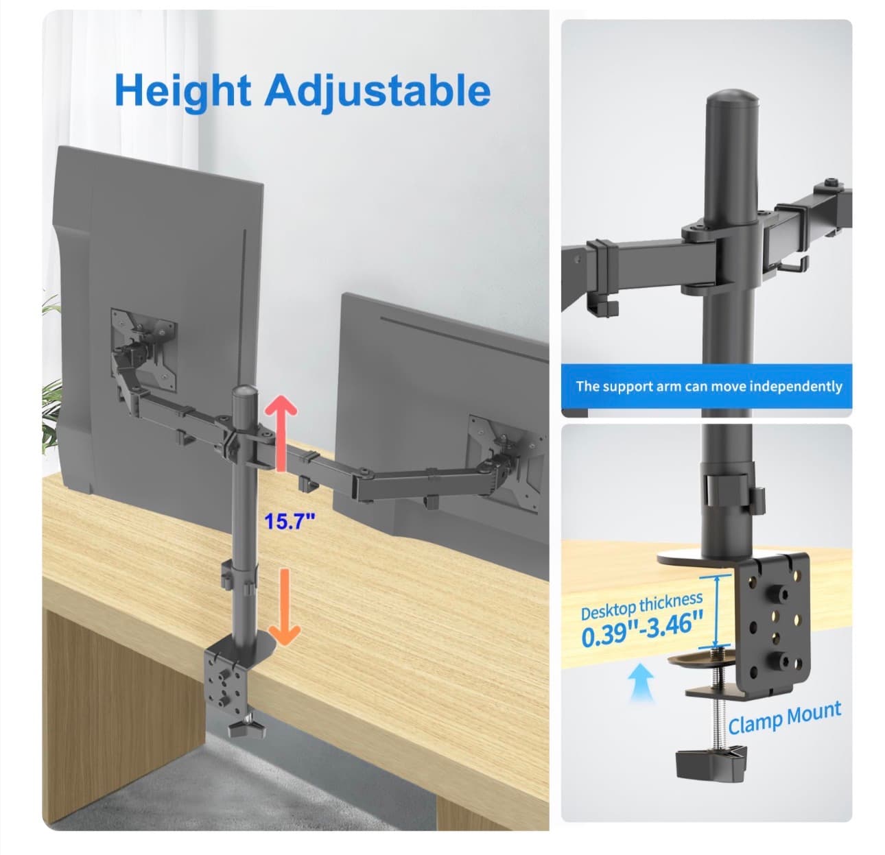 Dual Monitor Mount, Monitor Arm with Swivel, Tilt, Rotation, Height Adjustable, VESA Mount for 17-27” Monitors up to 17.6lbs, Desk Mount with C-Clamp, Black - Thumbnail 4