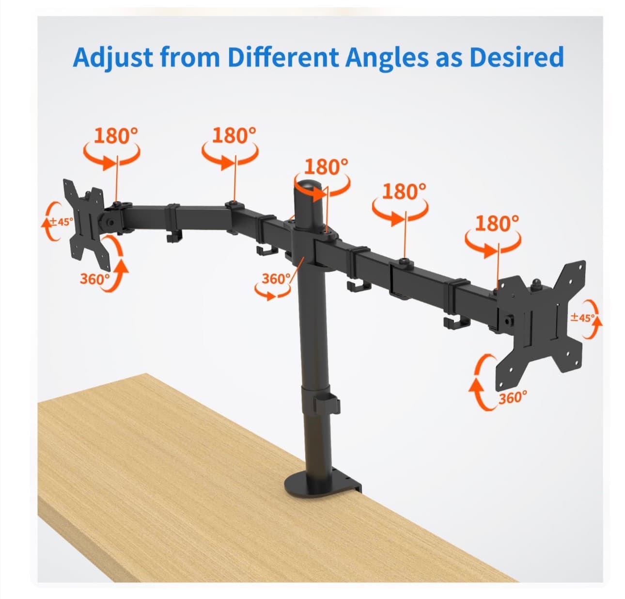 Dual Monitor Mount, Monitor Arm with Swivel, Tilt, Rotation, Height Adjustable, VESA Mount for 17-27” Monitors up to 17.6lbs, Desk Mount with C-Clamp, Black - Thumbnail 8