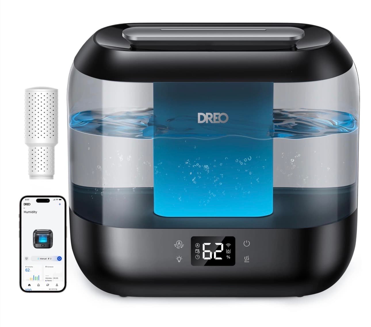 Smart Humidifiers for Bedroom-Filter Included, Top Fill 4L Humidifier Large Room with 28 dB, 36H Runtime, Touch/APP/Voice Control, Nightlight, Cool Mist Humidifiers for Baby, Plants, Ebony