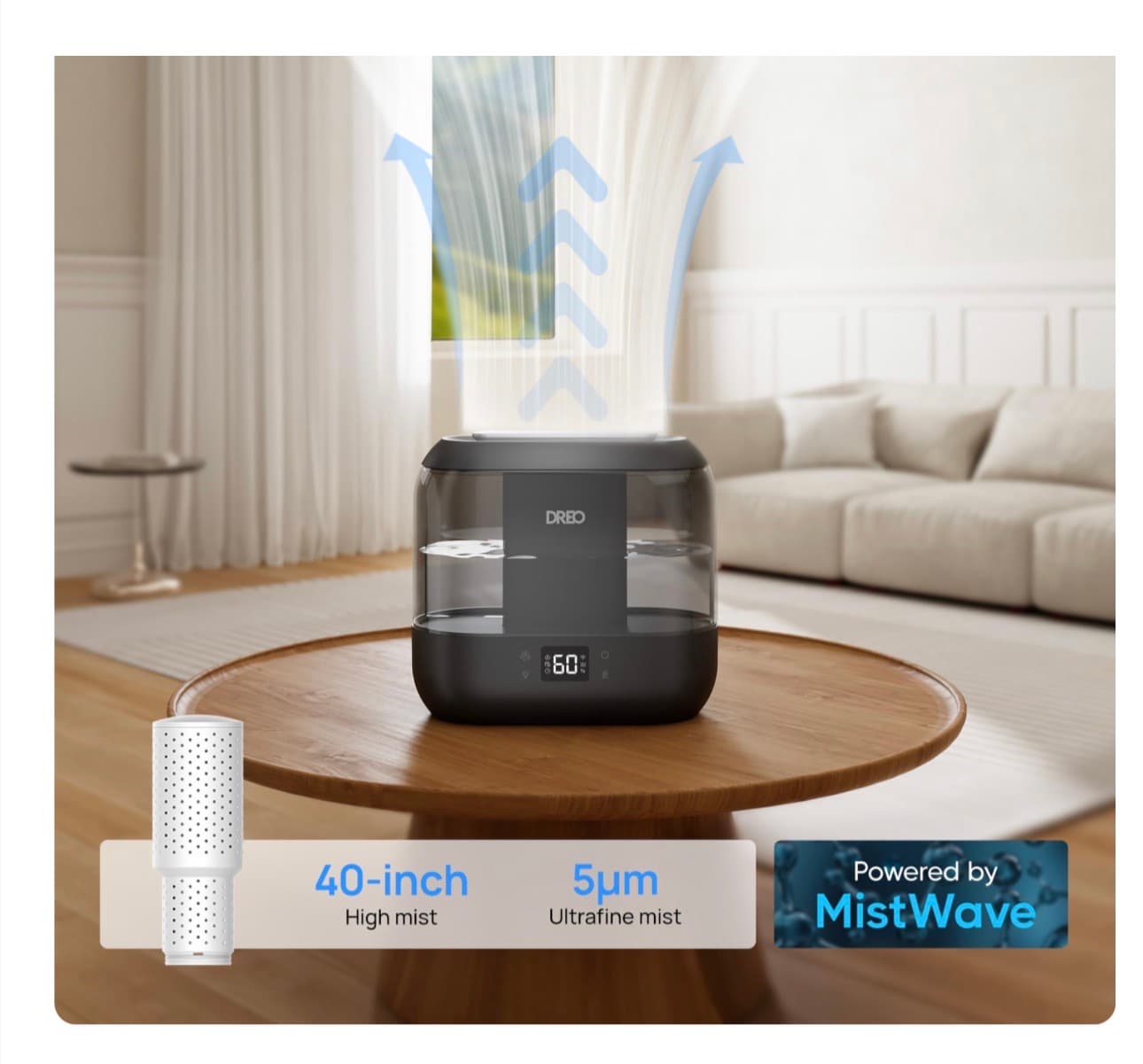 Smart Humidifiers for Bedroom-Filter Included, Top Fill 4L Humidifier Large Room with 28 dB, 36H Runtime, Touch/APP/Voice Control, Nightlight, Cool Mist Humidifiers for Baby, Plants, Ebony - Thumbnail 3