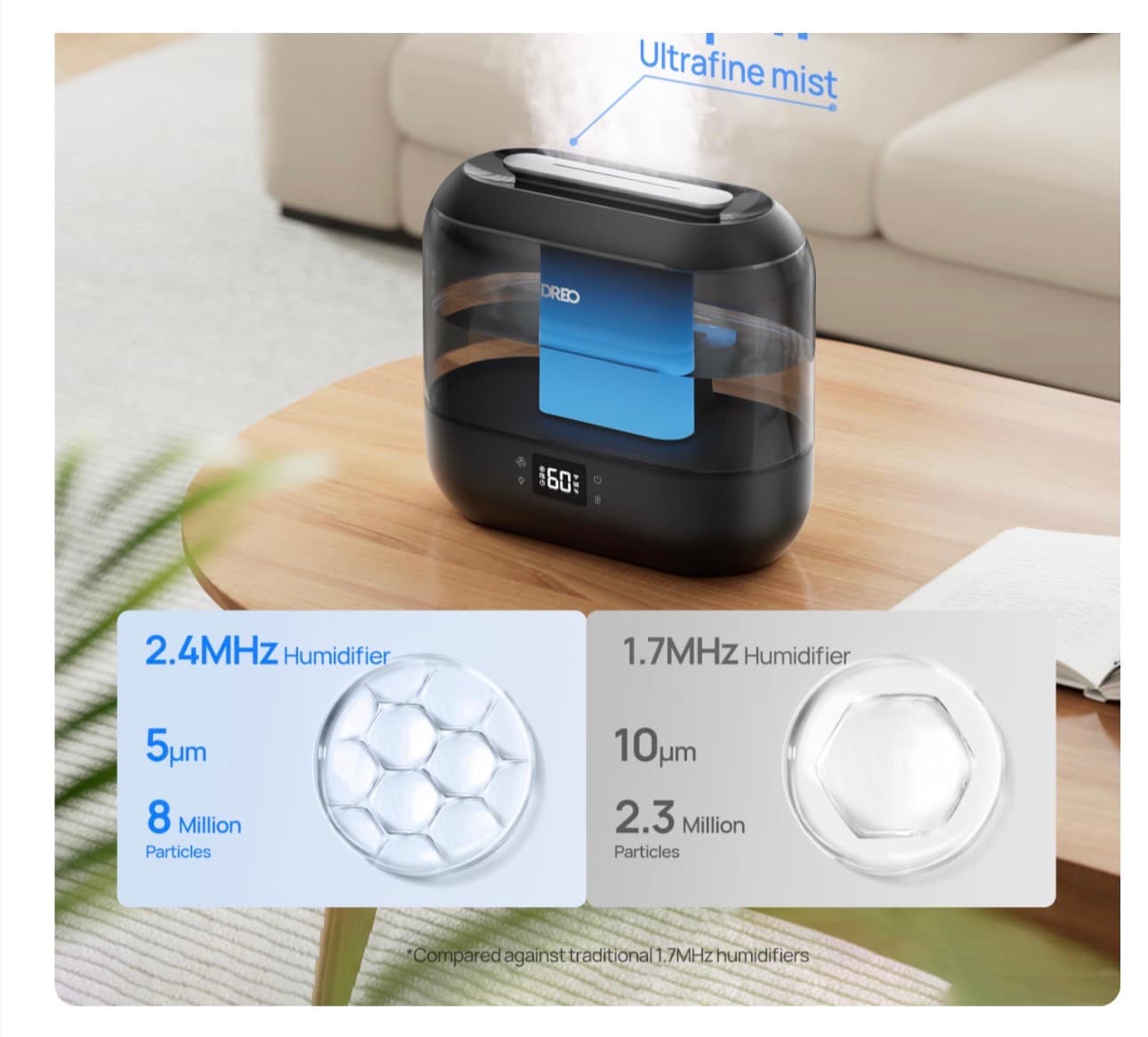 Smart Humidifiers for Bedroom-Filter Included, Top Fill 4L Humidifier Large Room with 28 dB, 36H Runtime, Touch/APP/Voice Control, Nightlight, Cool Mist Humidifiers for Baby, Plants, Ebony - Thumbnail 4