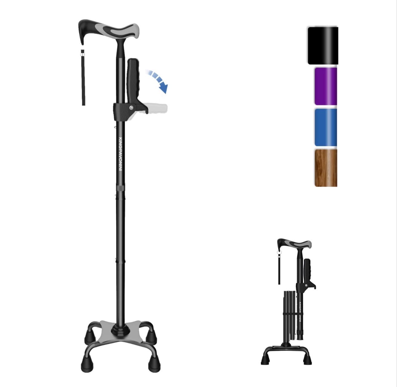 KingPavoniniWalking Cane for Women/Men with Second Handle, Foldable & Adjustable Quad Cane with 4-Pronged Base for Standing, Lightweight Walking Aid for Seniors & Adults