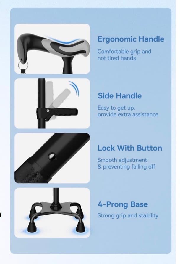 KingPavoniniWalking Cane for Women/Men with Second Handle, Foldable & Adjustable Quad Cane with 4-Pronged Base for Standing, Lightweight Walking Aid for Seniors & Adults - Thumbnail 8