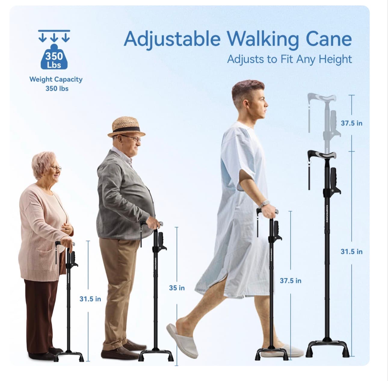 KingPavoniniWalking Cane for Women/Men with Second Handle, Foldable & Adjustable Quad Cane with 4-Pronged Base for Standing, Lightweight Walking Aid for Seniors & Adults - Thumbnail 5
