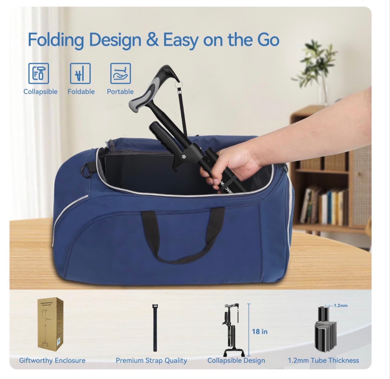 KingPavoniniWalking Cane for Women/Men with Second Handle, Foldable & Adjustable Quad Cane with 4-Pronged Base for Standing, Lightweight Walking Aid for Seniors & Adults - Thumbnail 6