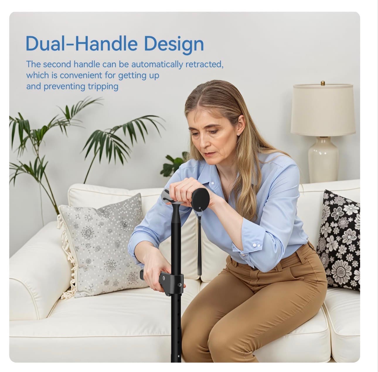KingPavoniniWalking Cane for Women/Men with Second Handle, Foldable & Adjustable Quad Cane with 4-Pronged Base for Standing, Lightweight Walking Aid for Seniors & Adults - Thumbnail 3