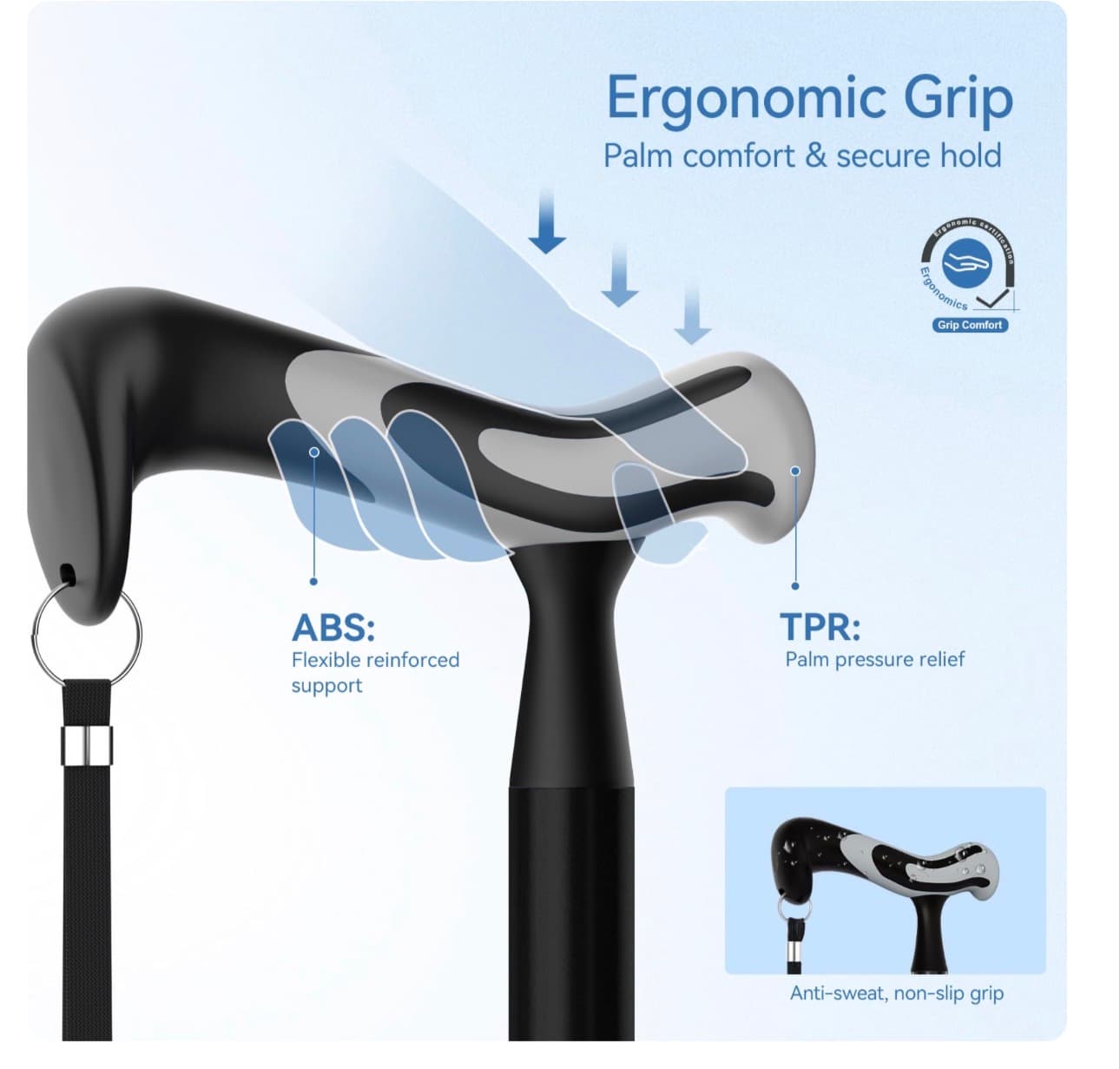 KingPavoniniWalking Cane for Women/Men with Second Handle, Foldable & Adjustable Quad Cane with 4-Pronged Base for Standing, Lightweight Walking Aid for Seniors & Adults - Thumbnail 2