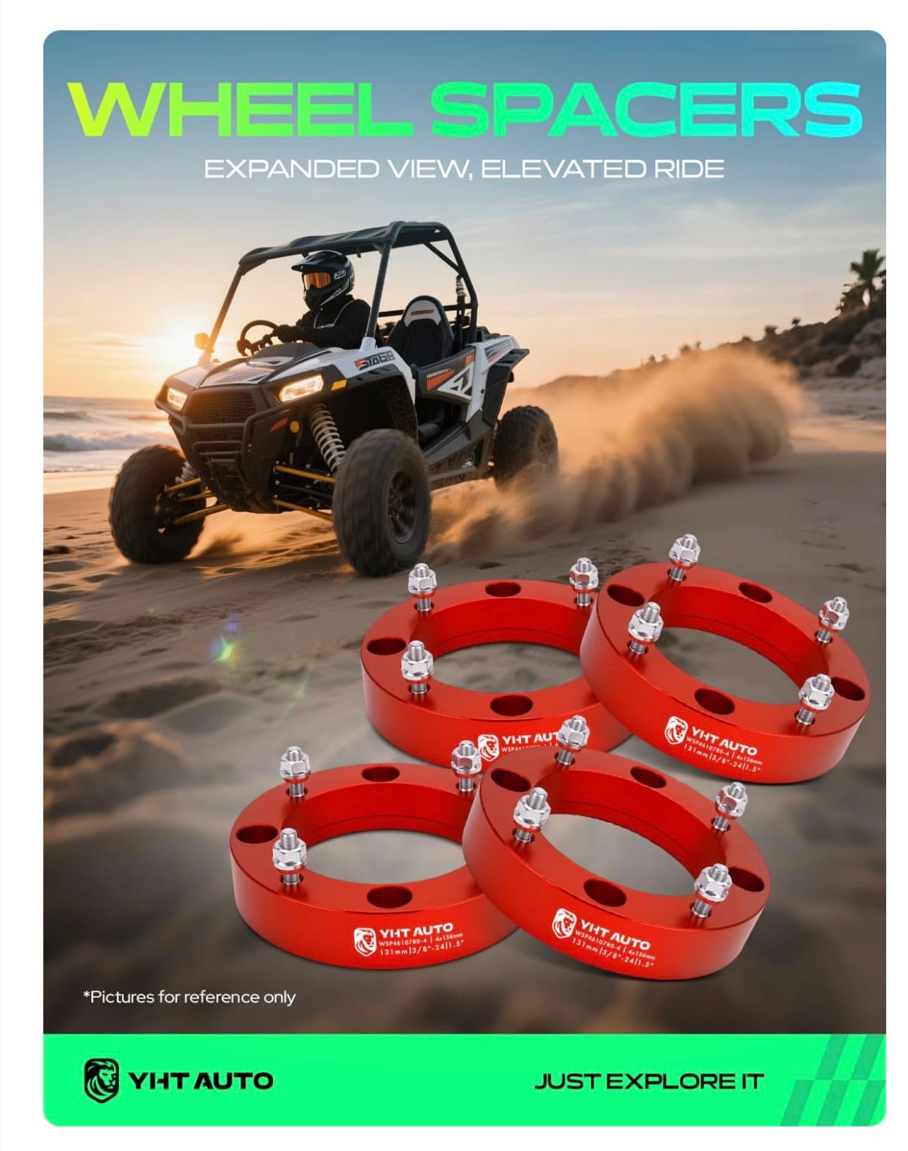 4x156mm Wheel Spacers 1.5 Inch Fits Polaris RZR, Magnum, Predator, Ranger, Sportsman, Xplorer, Yamaha Banshee, Blaster, Moto Raptor Models, Tire Spacers w/3/8 x24 131mm Center Bore 4 Lug Red - Thumbnail 2