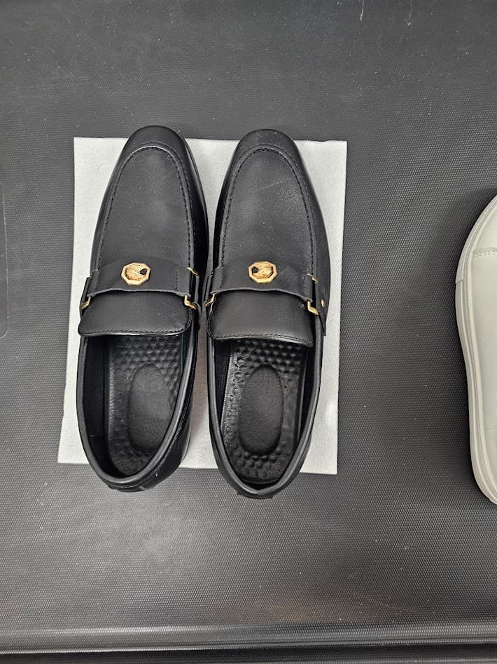 Black Leather Loafers with Gold Buckle Detail - Thumbnail 3