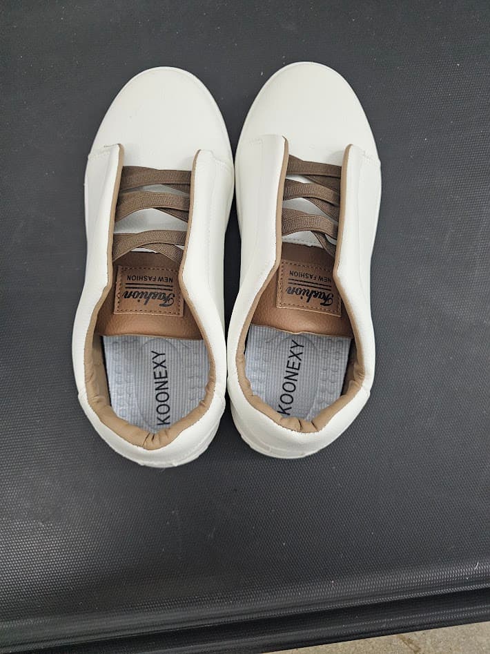 KOONEXY Men's Slip-On Sneakers Off White/Khaki – Elastic Laces - Thumbnail 2